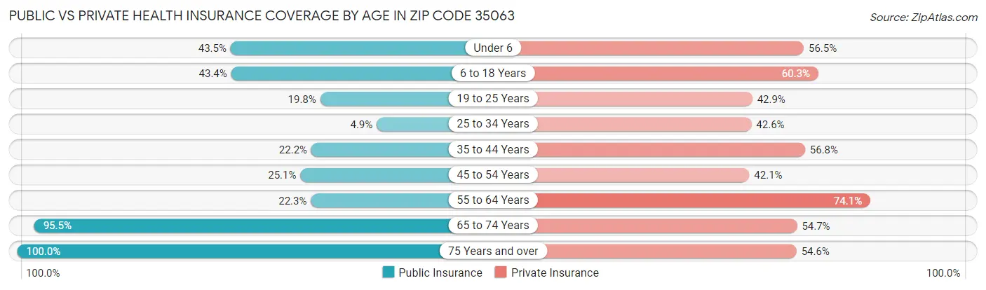 Public vs Private Health Insurance Coverage by Age in Zip Code 35063