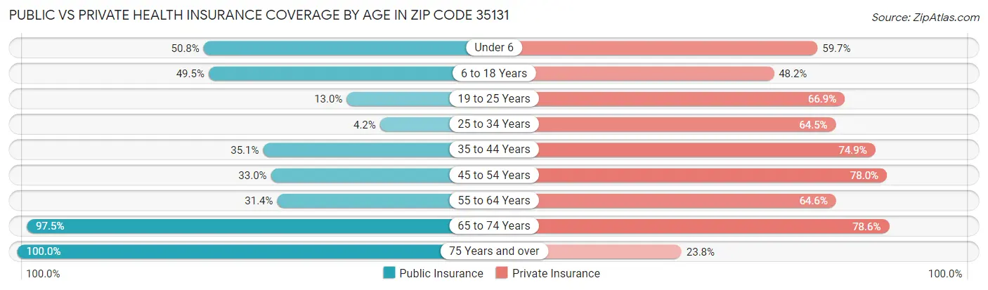 Public vs Private Health Insurance Coverage by Age in Zip Code 35131