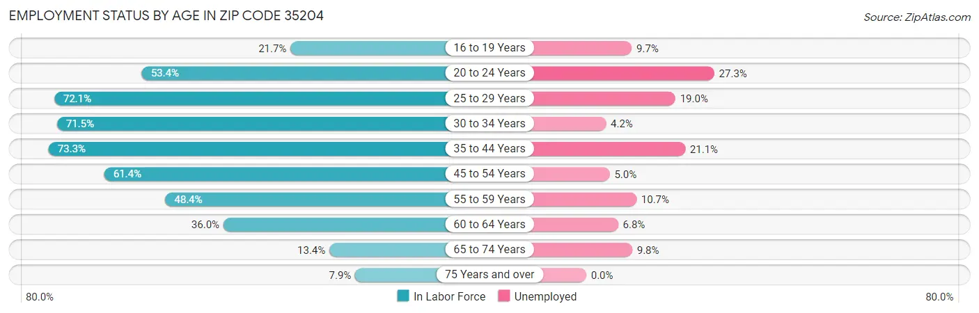Employment Status by Age in Zip Code 35204