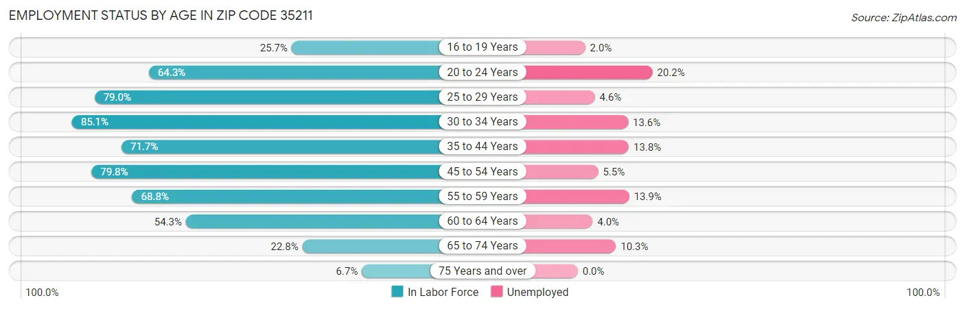Employment Status by Age in Zip Code 35211
