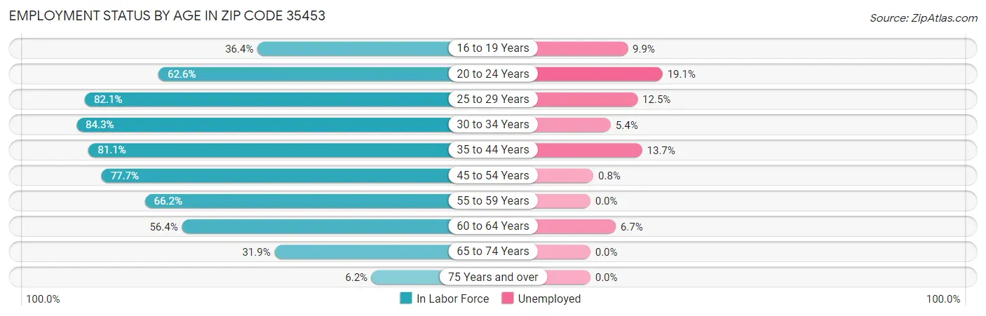Employment Status by Age in Zip Code 35453
