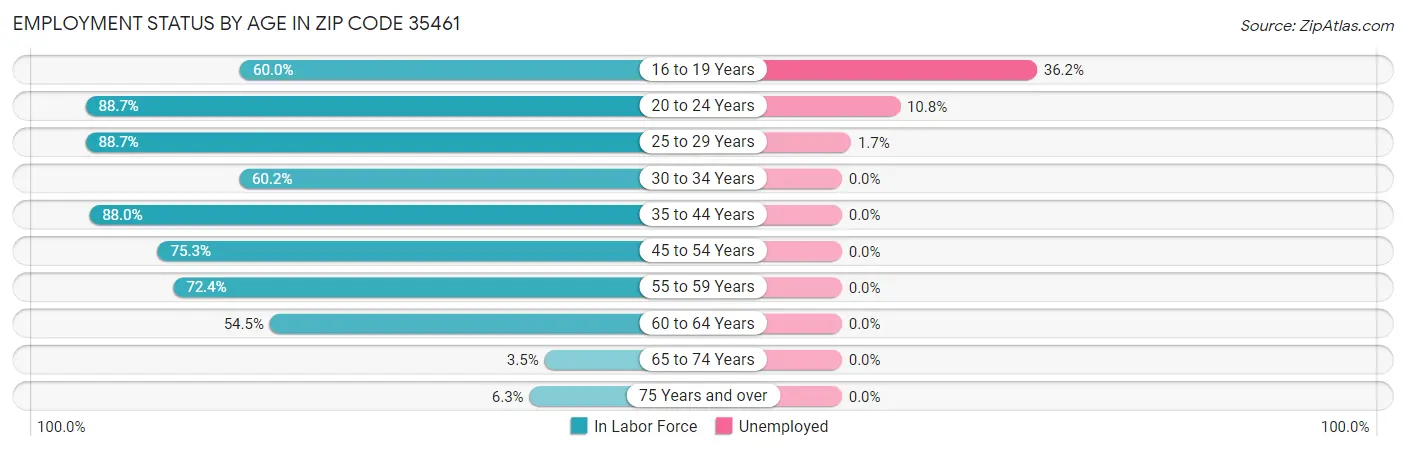 Employment Status by Age in Zip Code 35461