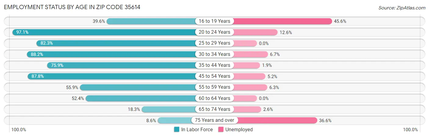 Employment Status by Age in Zip Code 35614