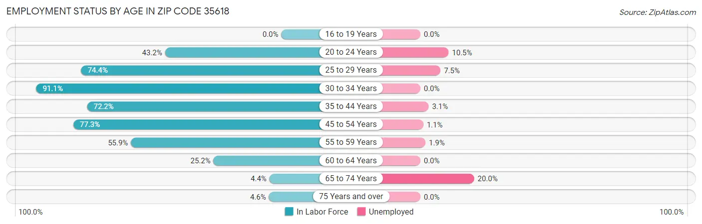 Employment Status by Age in Zip Code 35618