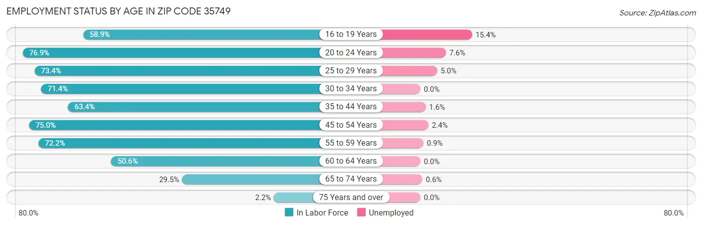 Employment Status by Age in Zip Code 35749