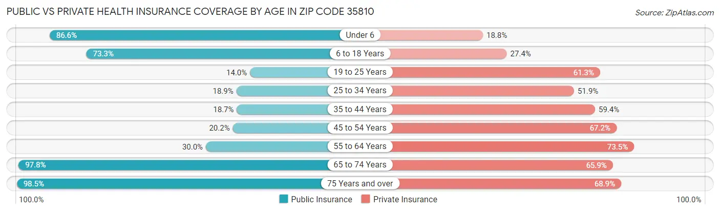 Public vs Private Health Insurance Coverage by Age in Zip Code 35810