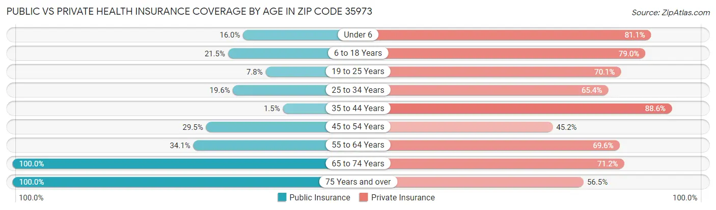 Public vs Private Health Insurance Coverage by Age in Zip Code 35973