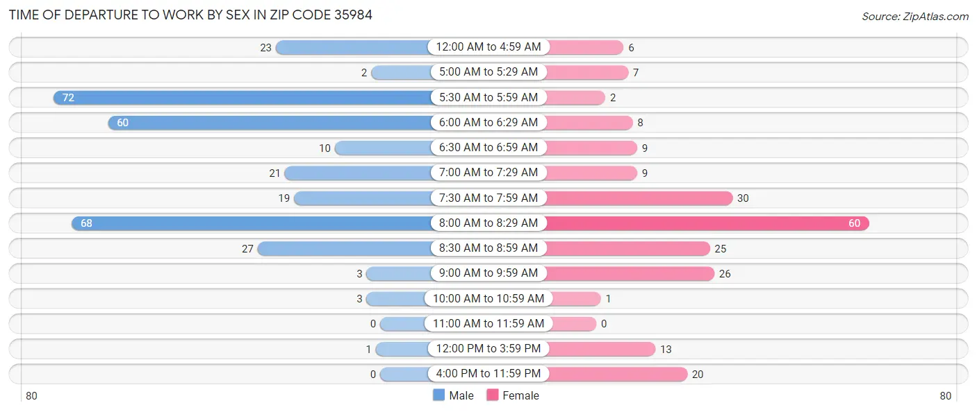 Time of Departure to Work by Sex in Zip Code 35984