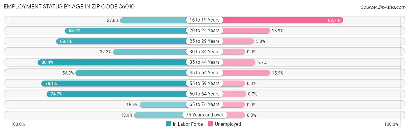 Employment Status by Age in Zip Code 36010