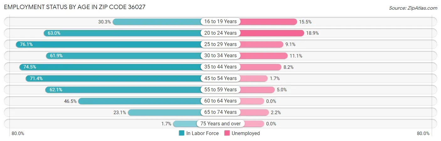 Employment Status by Age in Zip Code 36027