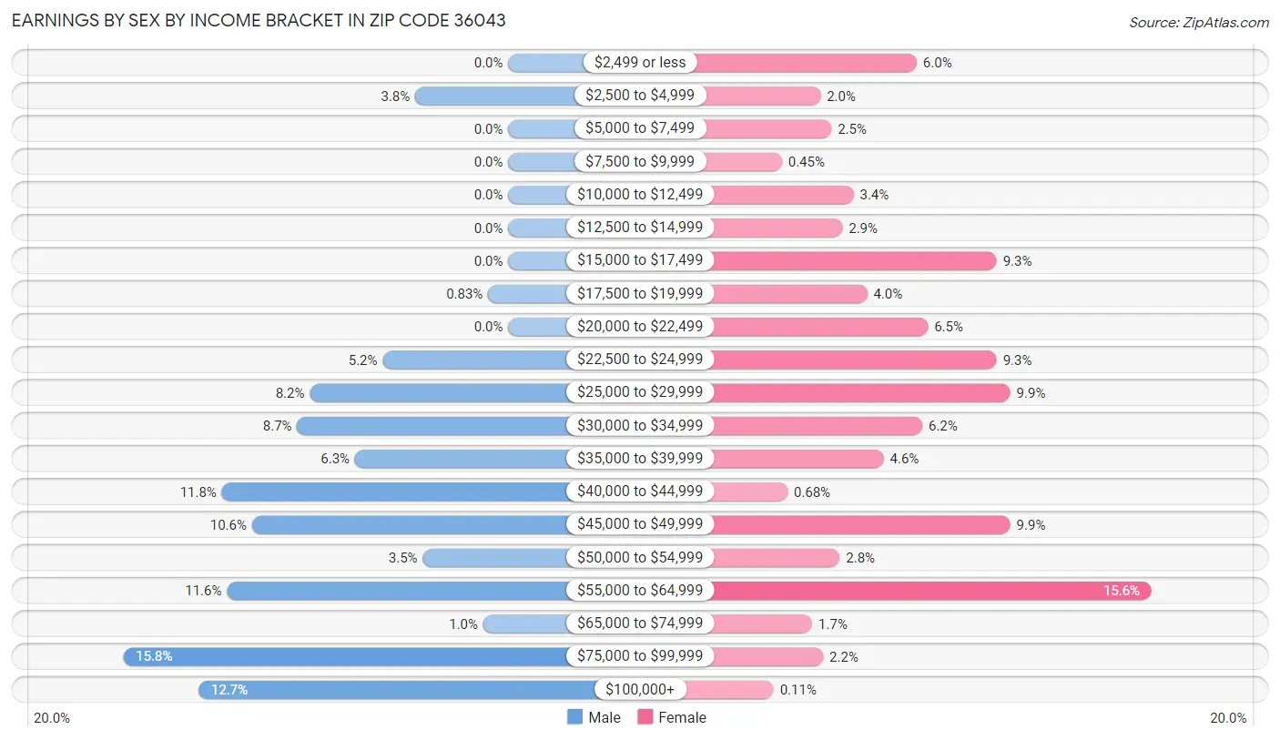 Earnings by Sex by Income Bracket in Zip Code 36043