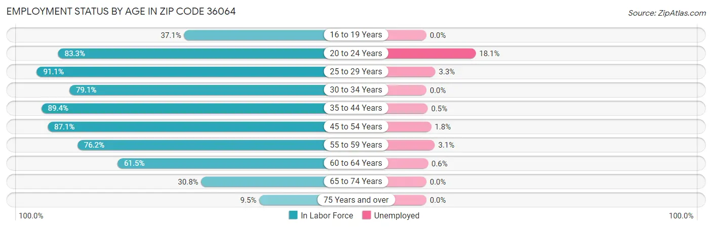 Employment Status by Age in Zip Code 36064