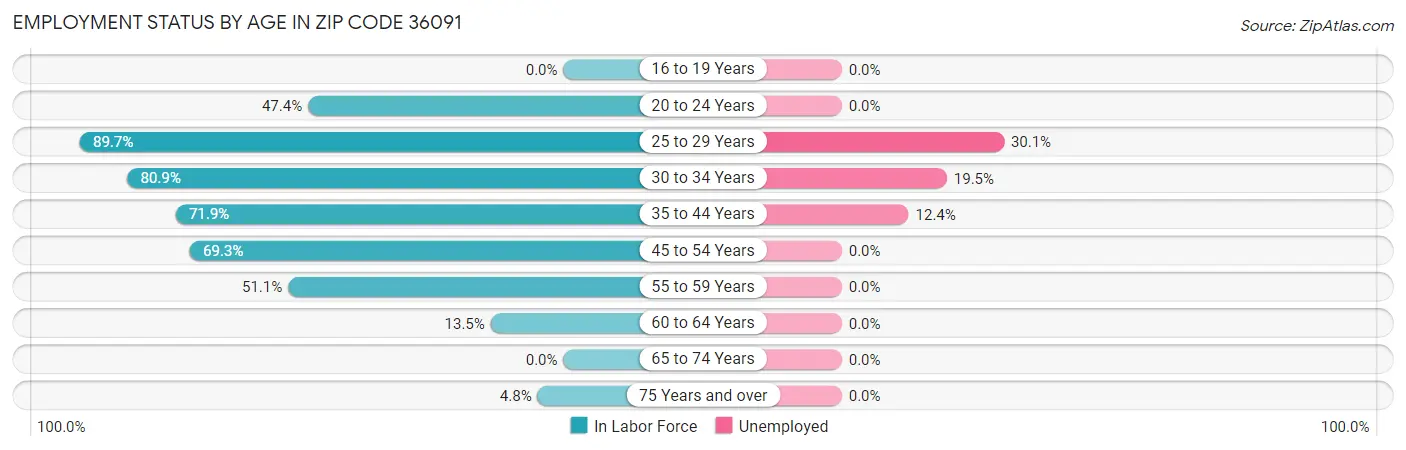Employment Status by Age in Zip Code 36091