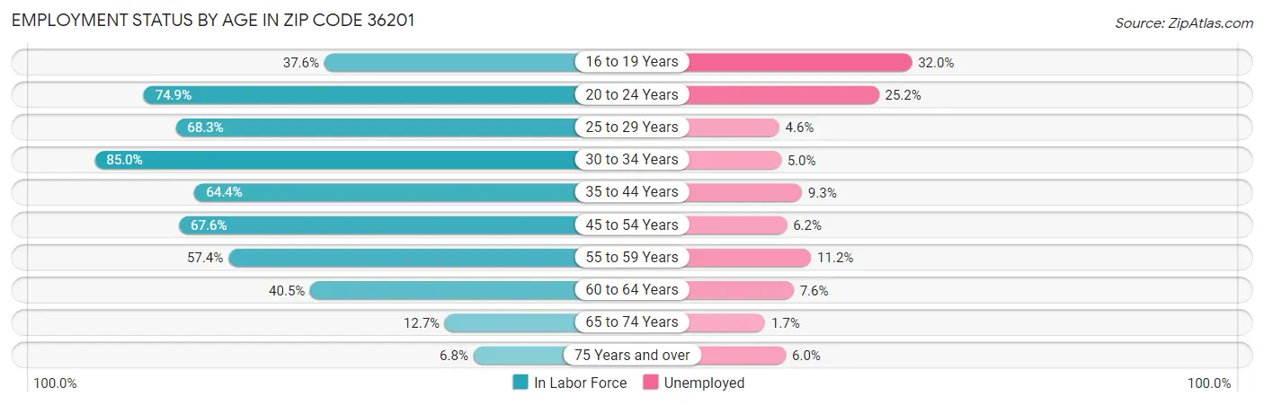 Employment Status by Age in Zip Code 36201