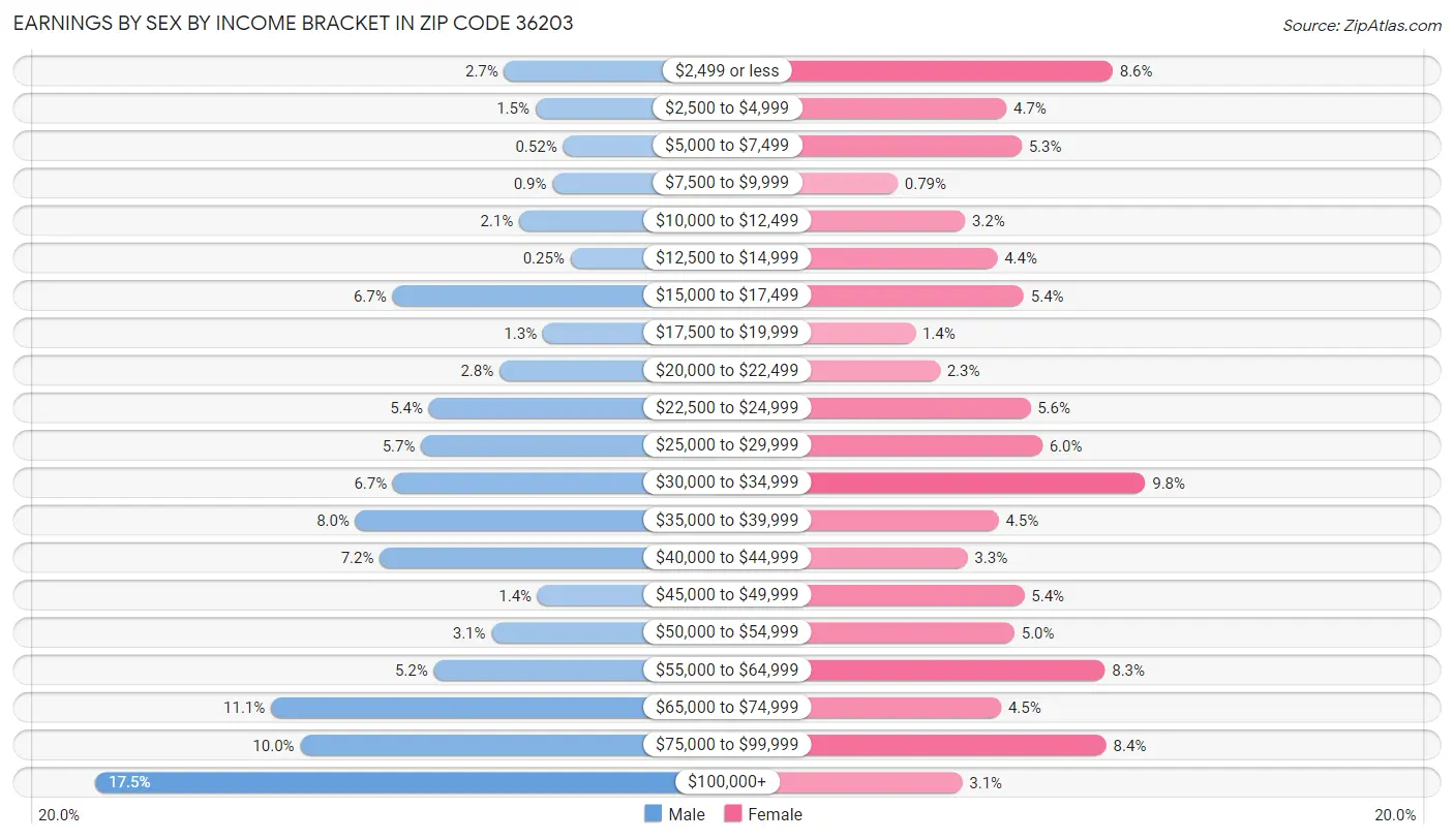 Earnings by Sex by Income Bracket in Zip Code 36203