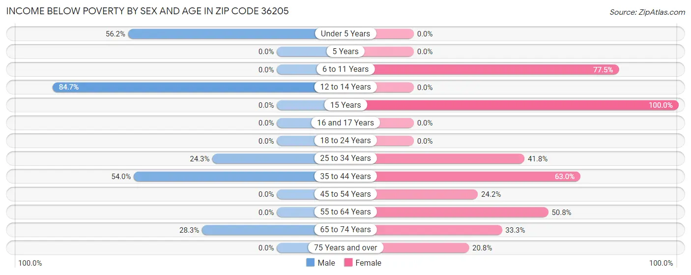 Income Below Poverty by Sex and Age in Zip Code 36205