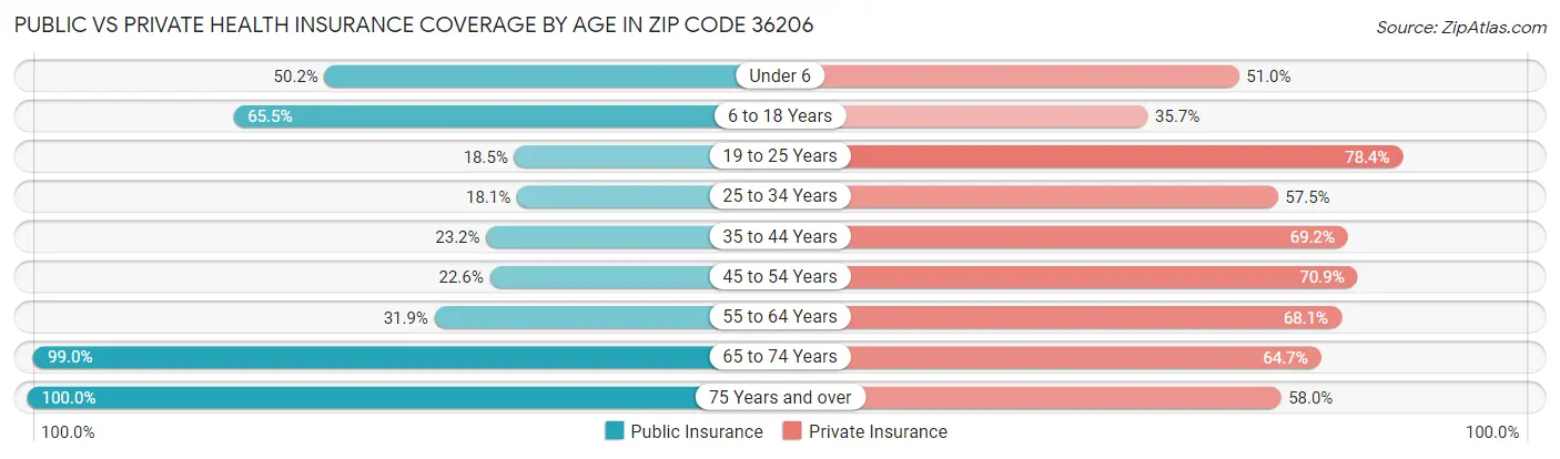 Public vs Private Health Insurance Coverage by Age in Zip Code 36206