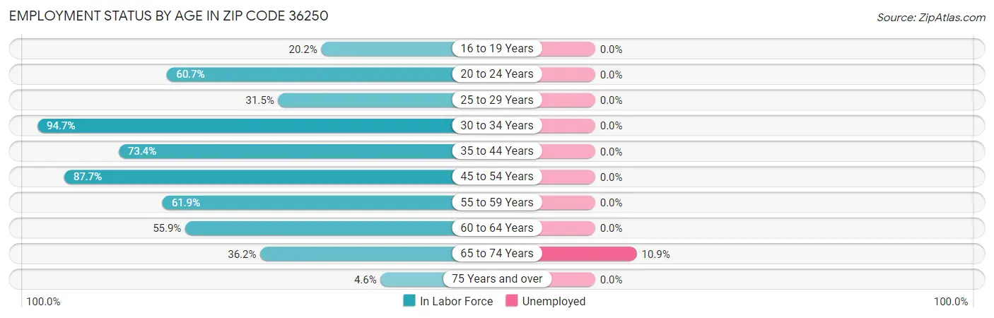 Employment Status by Age in Zip Code 36250