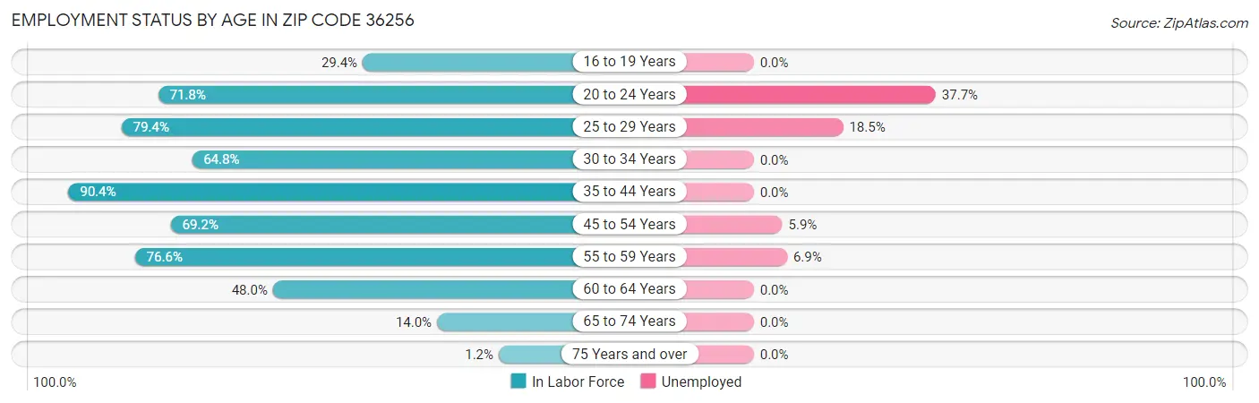 Employment Status by Age in Zip Code 36256