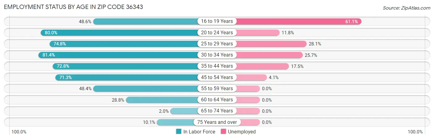 Employment Status by Age in Zip Code 36343