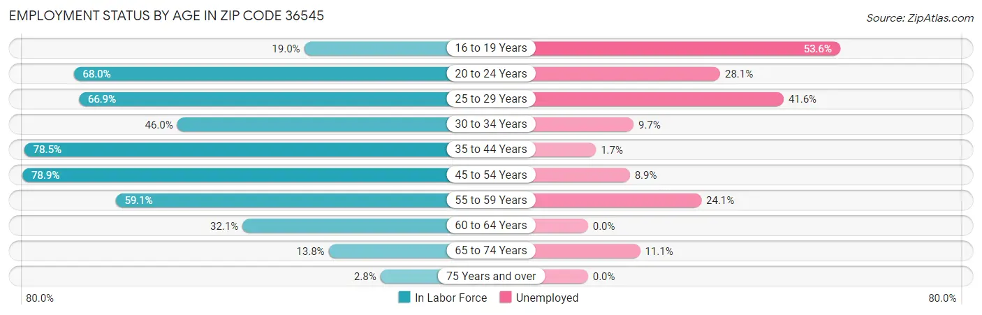 Employment Status by Age in Zip Code 36545