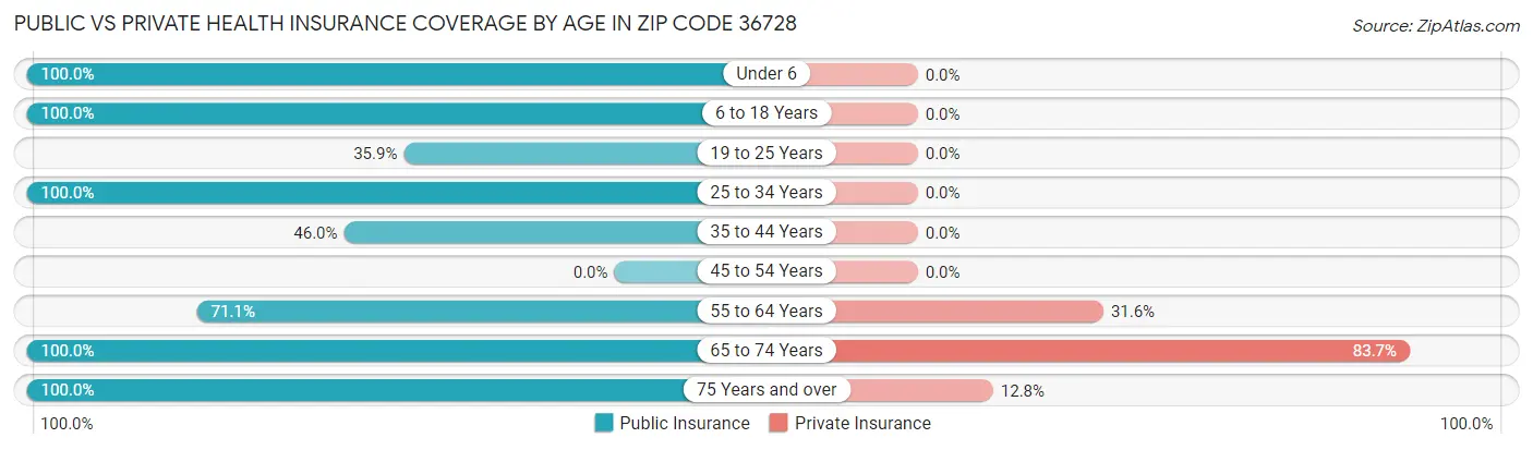 Public vs Private Health Insurance Coverage by Age in Zip Code 36728