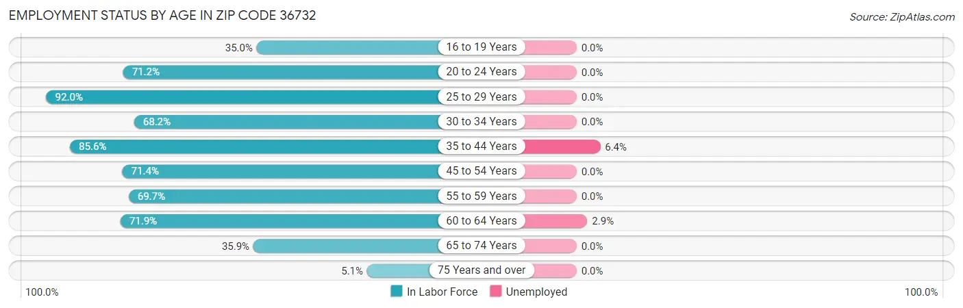 Employment Status by Age in Zip Code 36732
