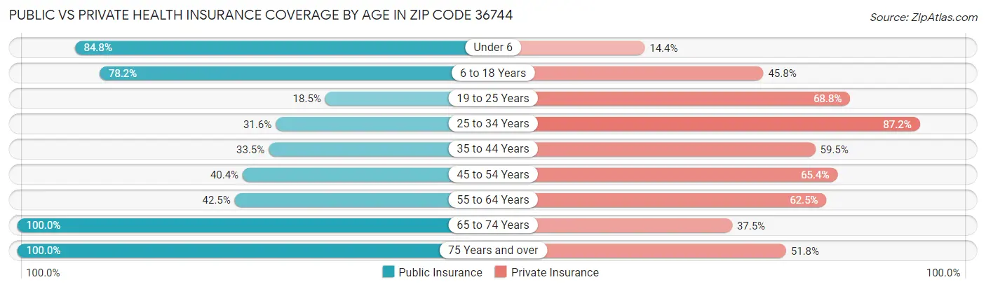 Public vs Private Health Insurance Coverage by Age in Zip Code 36744