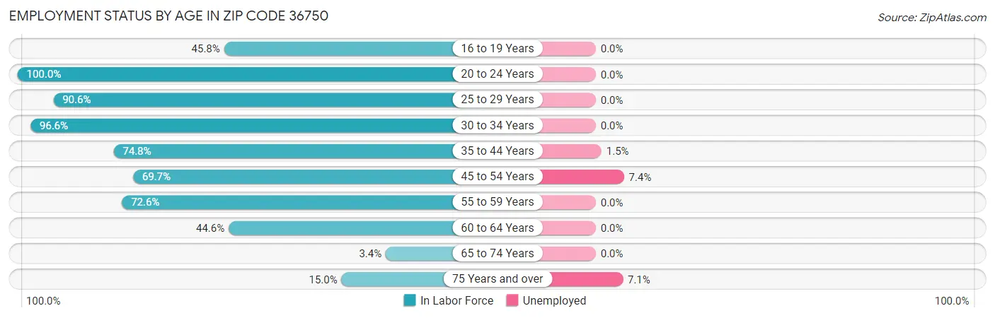 Employment Status by Age in Zip Code 36750