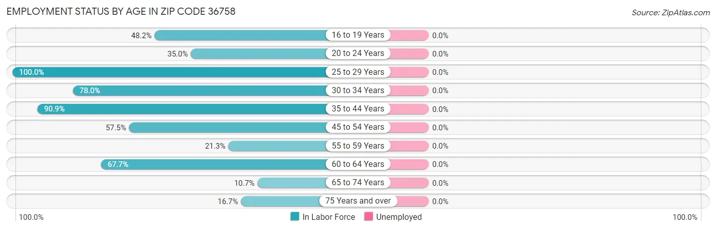 Employment Status by Age in Zip Code 36758