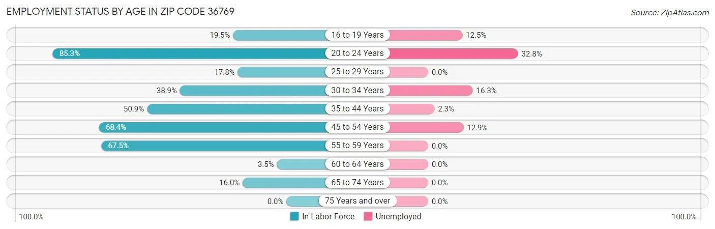 Employment Status by Age in Zip Code 36769