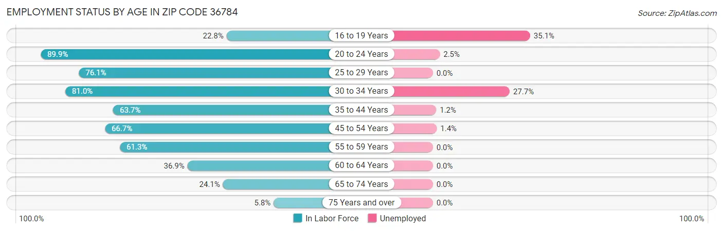 Employment Status by Age in Zip Code 36784