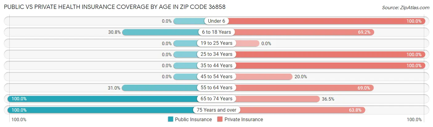 Public vs Private Health Insurance Coverage by Age in Zip Code 36858