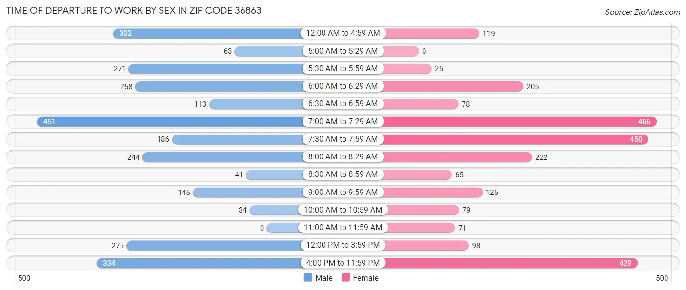 Time of Departure to Work by Sex in Zip Code 36863