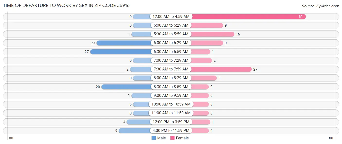 Time of Departure to Work by Sex in Zip Code 36916