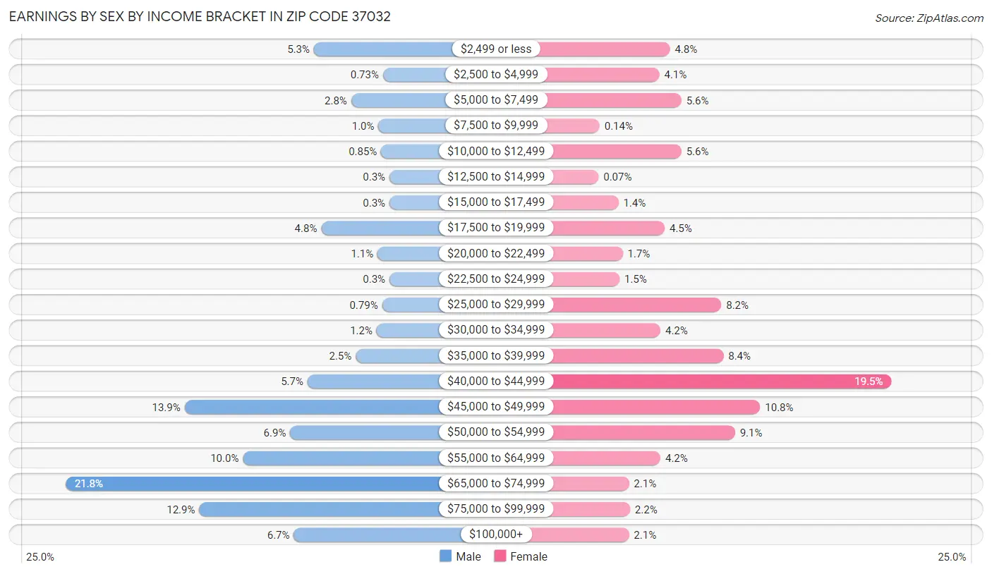 Earnings by Sex by Income Bracket in Zip Code 37032