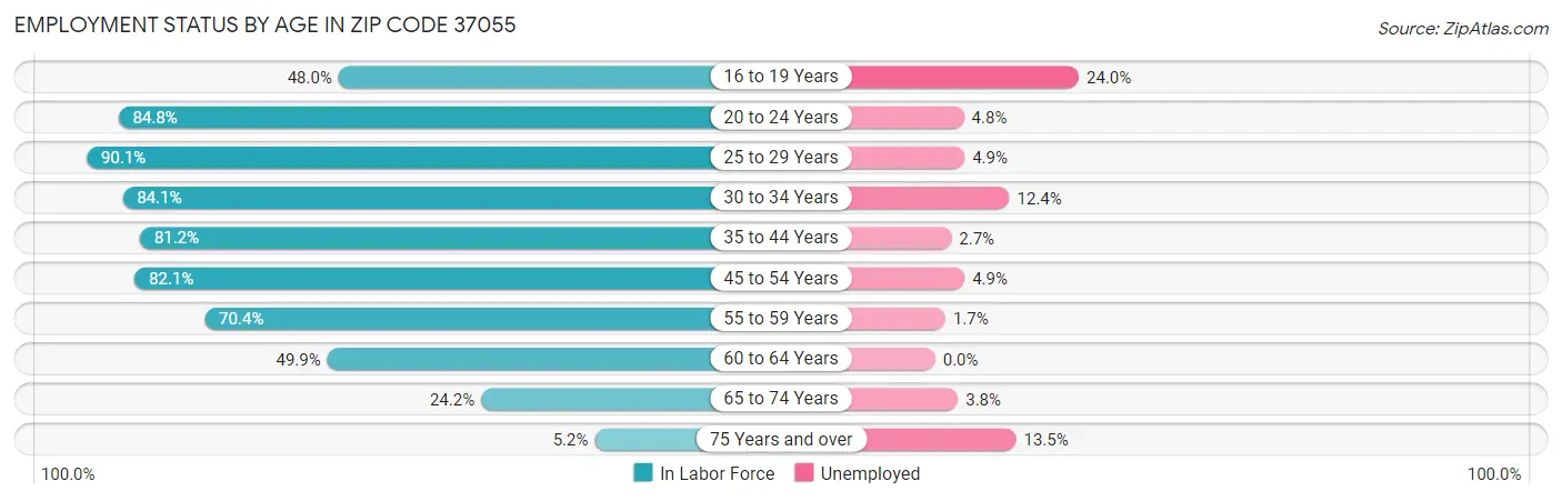 Employment Status by Age in Zip Code 37055