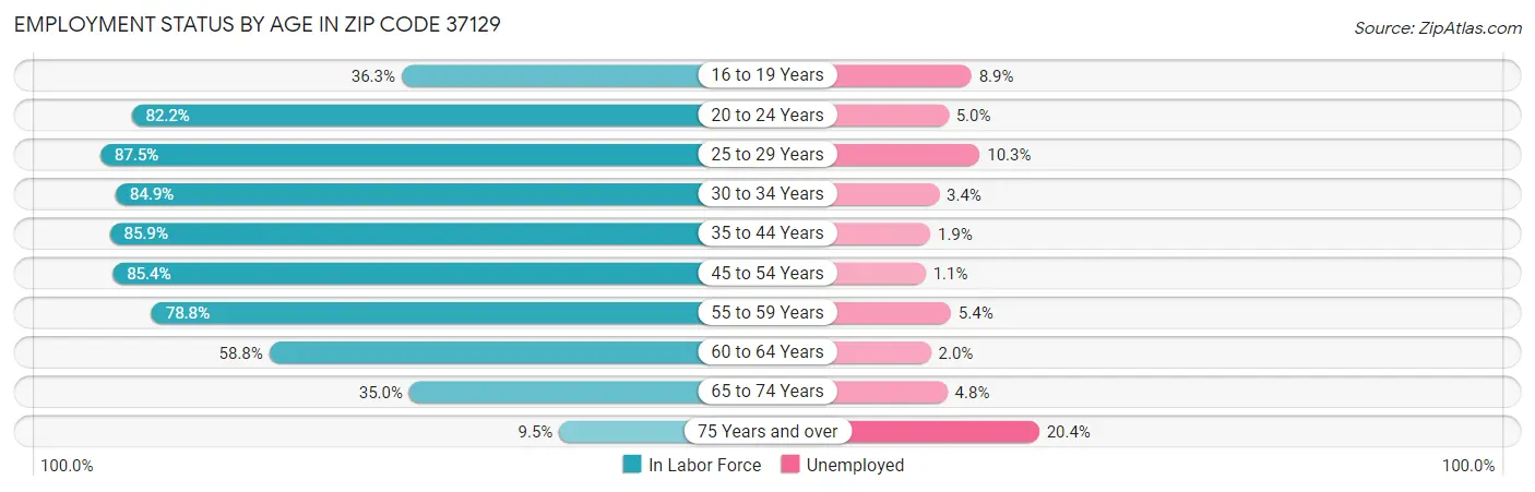 Employment Status by Age in Zip Code 37129