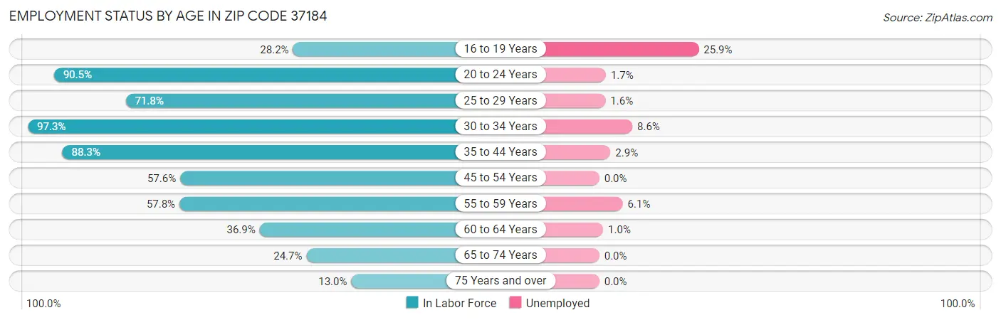 Employment Status by Age in Zip Code 37184