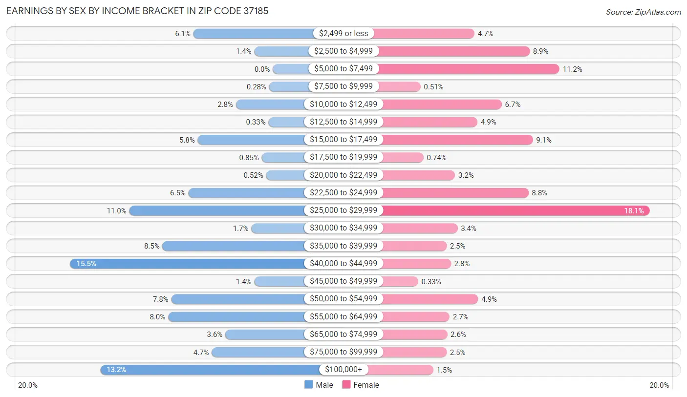 Earnings by Sex by Income Bracket in Zip Code 37185