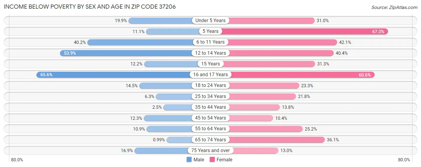 Income Below Poverty by Sex and Age in Zip Code 37206