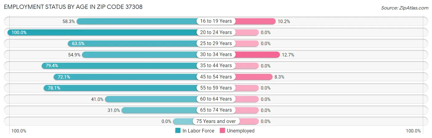 Employment Status by Age in Zip Code 37308