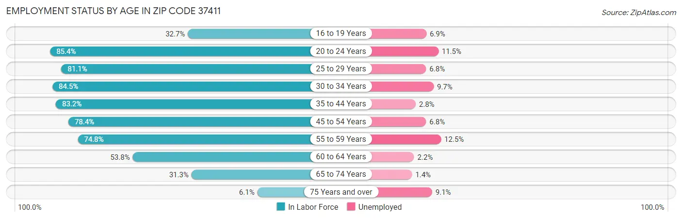 Employment Status by Age in Zip Code 37411