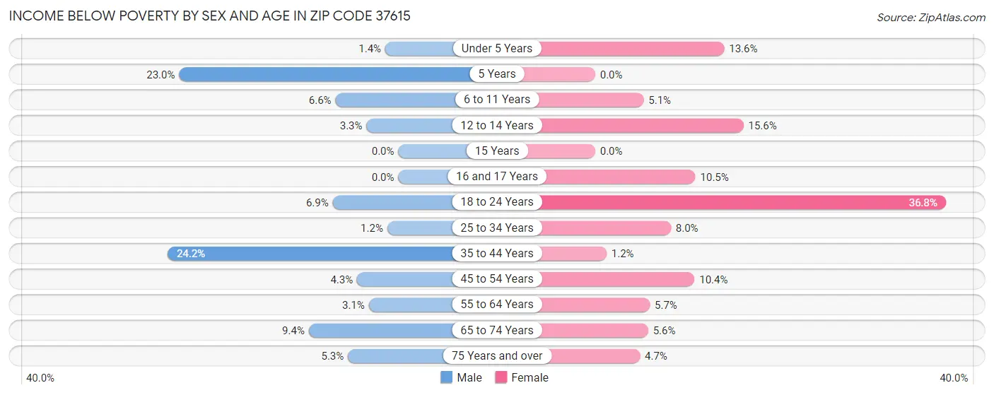 Income Below Poverty by Sex and Age in Zip Code 37615