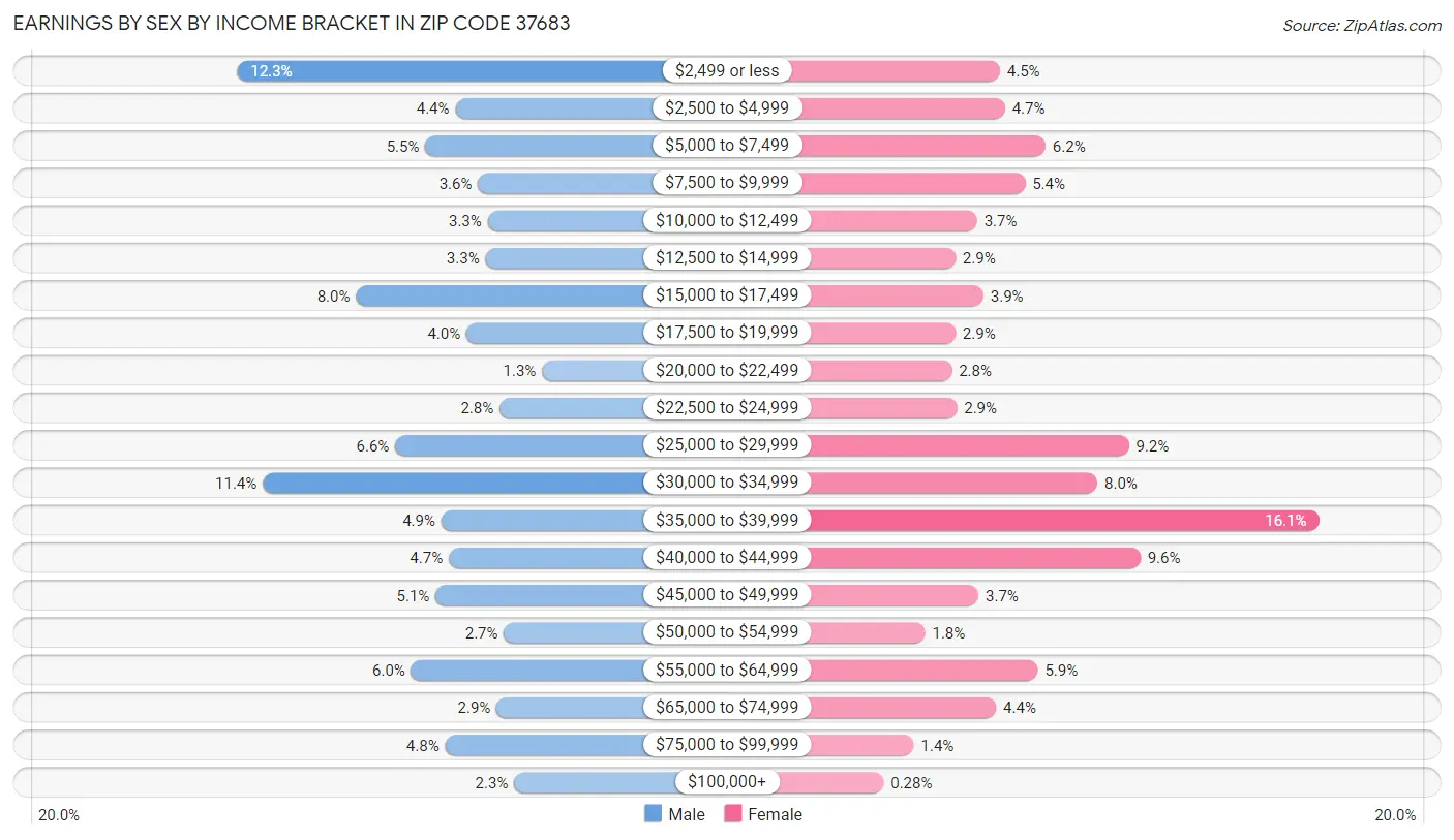 Earnings by Sex by Income Bracket in Zip Code 37683