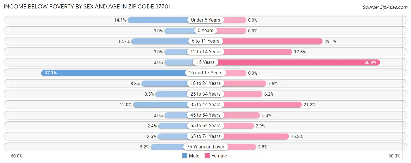 Income Below Poverty by Sex and Age in Zip Code 37701