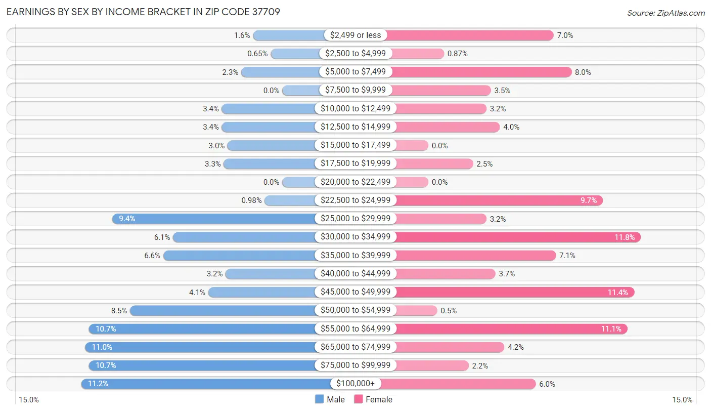 Earnings by Sex by Income Bracket in Zip Code 37709