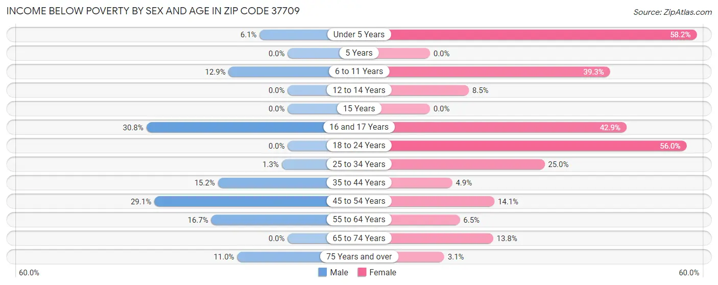Income Below Poverty by Sex and Age in Zip Code 37709