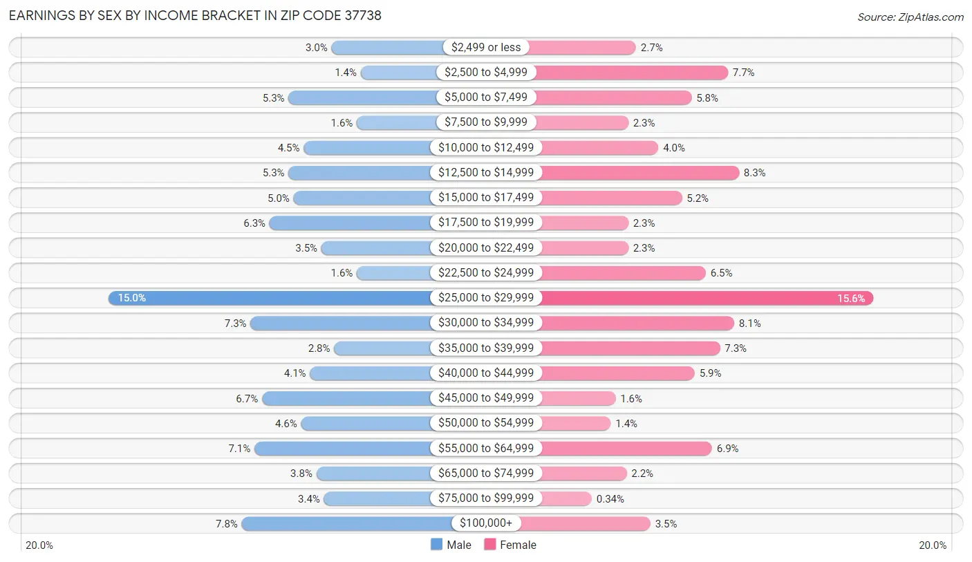 Earnings by Sex by Income Bracket in Zip Code 37738