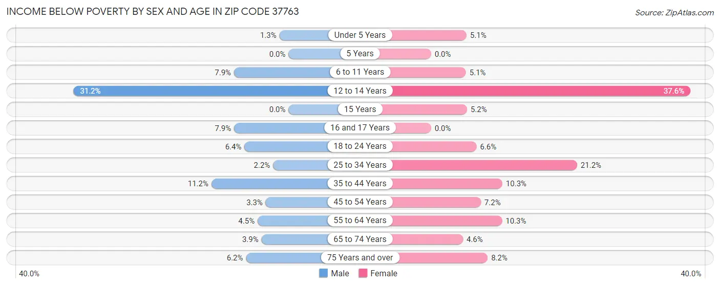 Income Below Poverty by Sex and Age in Zip Code 37763